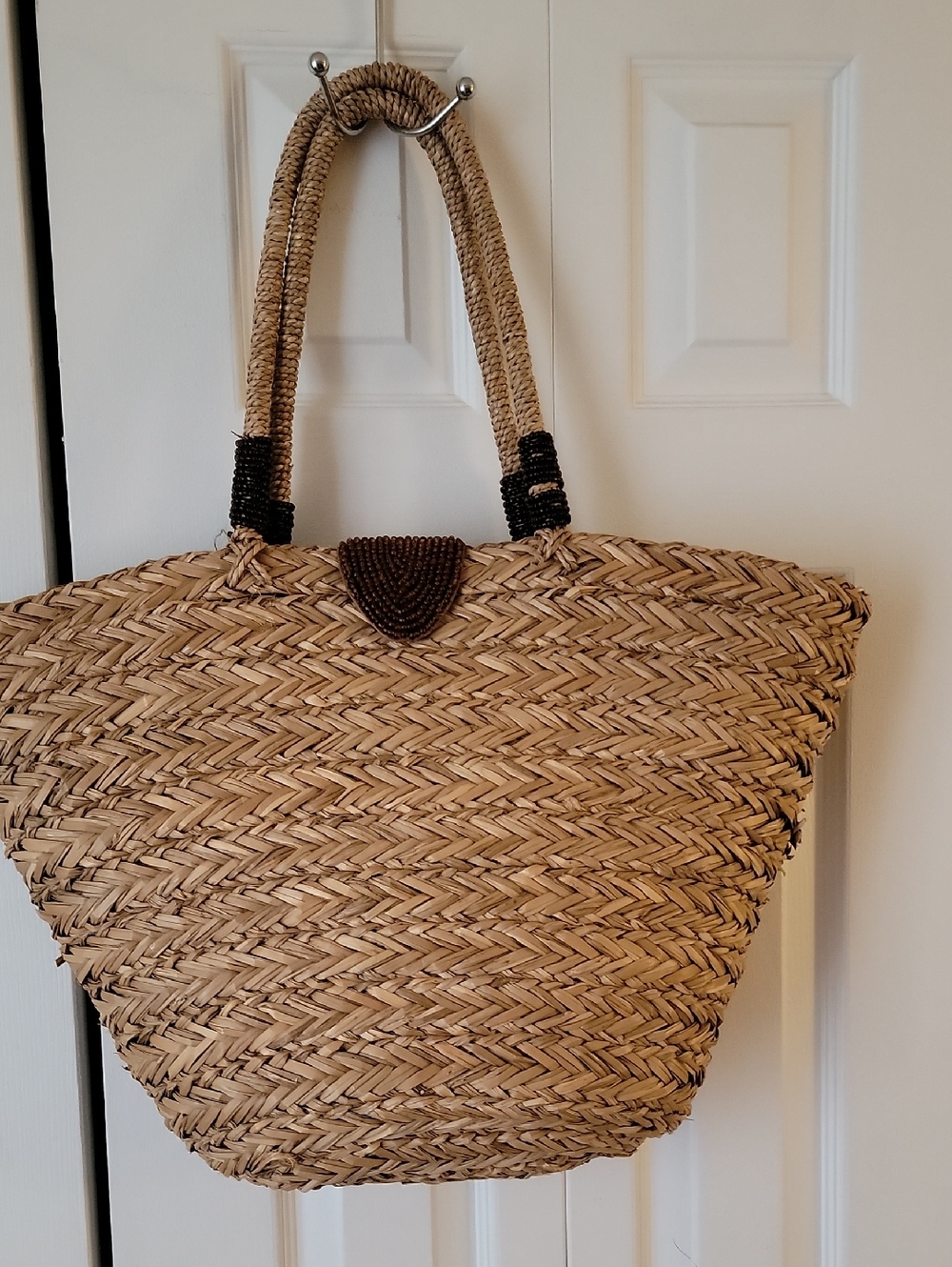 Kelly & Katie Natural Straw Tote with Dark Bead Accents